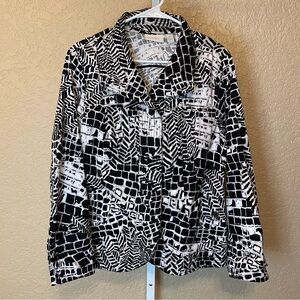 Chico's Size 2 (US 12) Black White Graphic Blazer Button Up Jacket Wearable Art